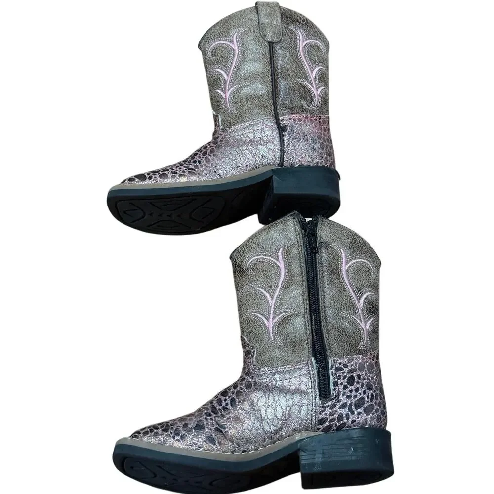 Old West Girls Pink Western Cowboy Boots Square Toe Side Zip Size 8C VB1054